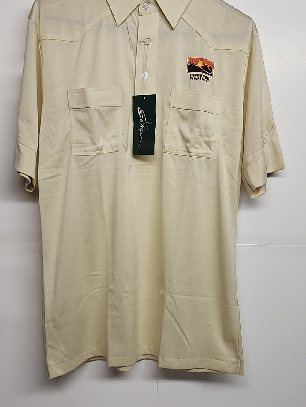 Sahara Cream Short-Sleeve Western Embroidered Polo Shirt w/pockets Sz M